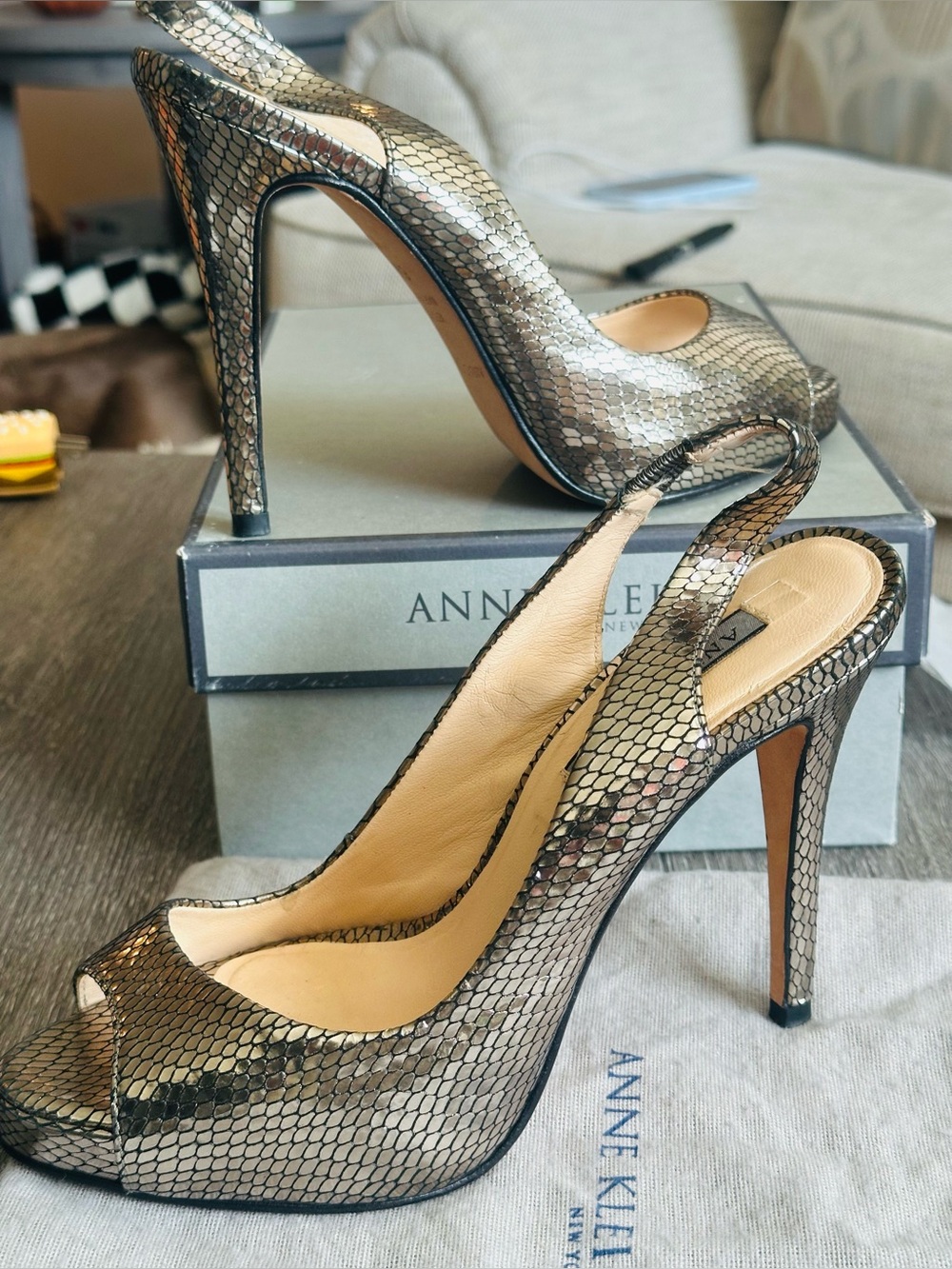 Anne Klein Gun Metal Metallic Reptile Print Sling Back Heels w/ Dust Bag & Box